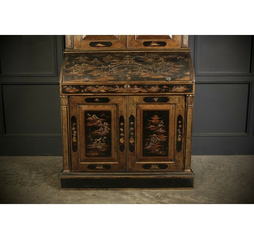 Magnificent Early 19th Century Chinoiserie Black Lacquered Bureau Bookcase photo for sale