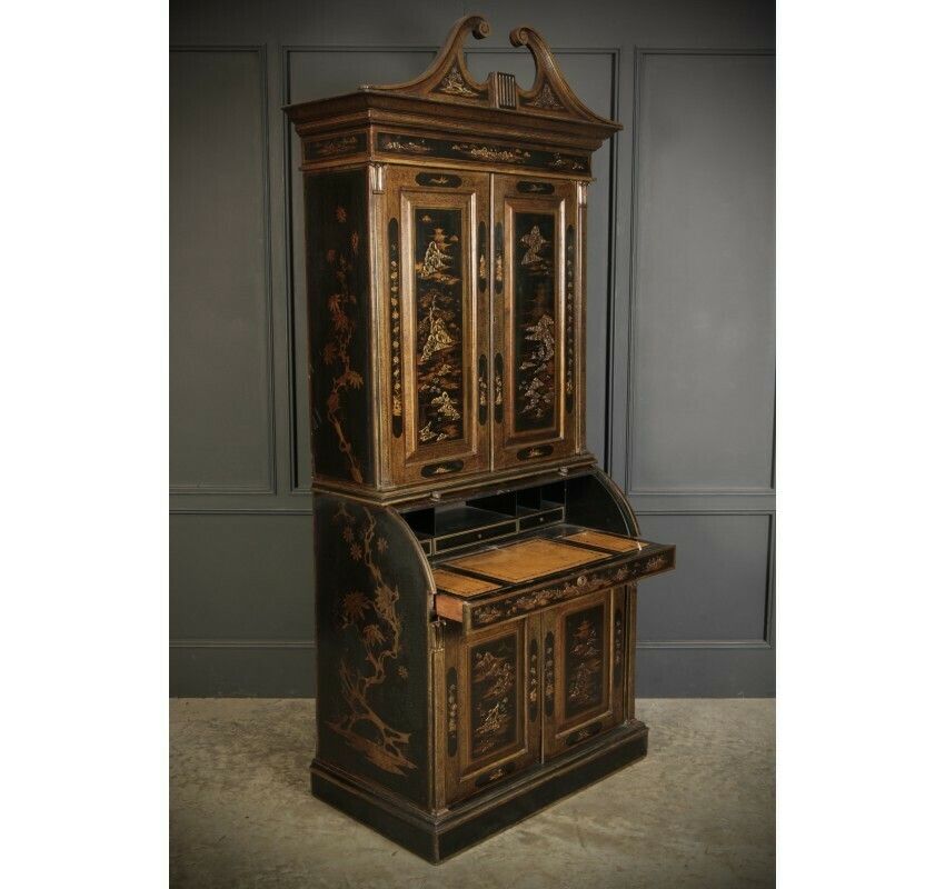 Magnificent Early 19th Century Chinoiserie Black Lacquered Bureau Bookcase photo Furniture