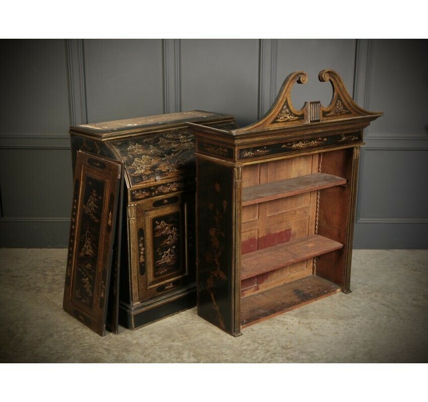 photo vinterior Magnificent Early 19th Century Chinoiserie Black Lacquered Bureau Bookcase