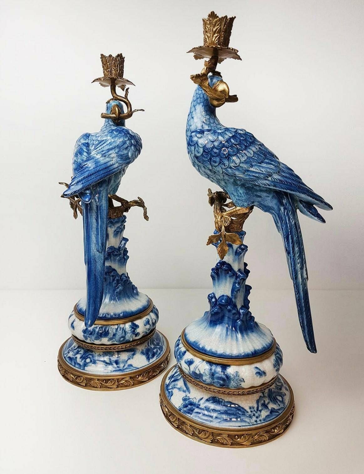 Pair Of Gilt Art Nouveau Style Brass Porcelain Parrot Standing Candlesticks photo for sale