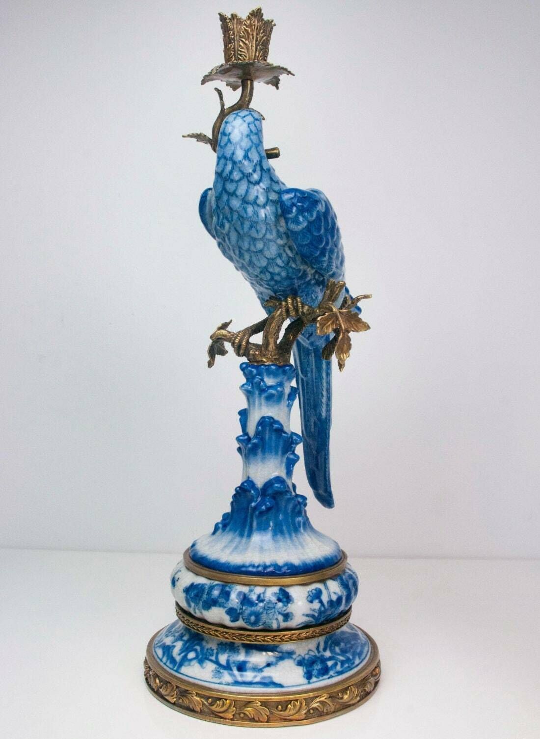 photo furniture Pair Of Gilt Art Nouveau Style Brass Porcelain Parrot Standing Candlesticks