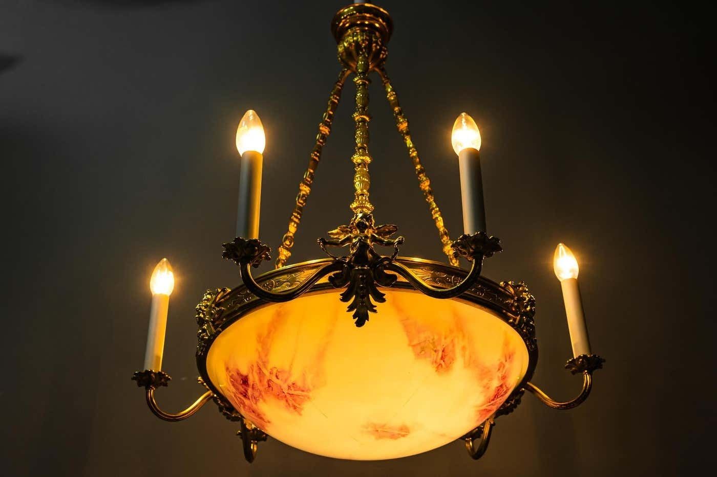 photo vintage Fire Gilted Art Deco Chandelier With Original Glass Shade Around 1920s