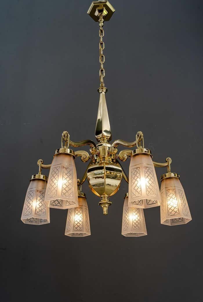 Lighting Art Deco Chandelier With Original Glass Shades Vienna Around 1920s photo