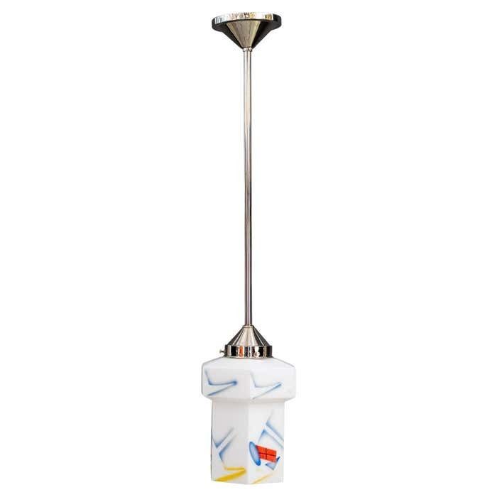 Art Deco Nickel, Plated Pendant With Original Glass Shade Around 1920s
