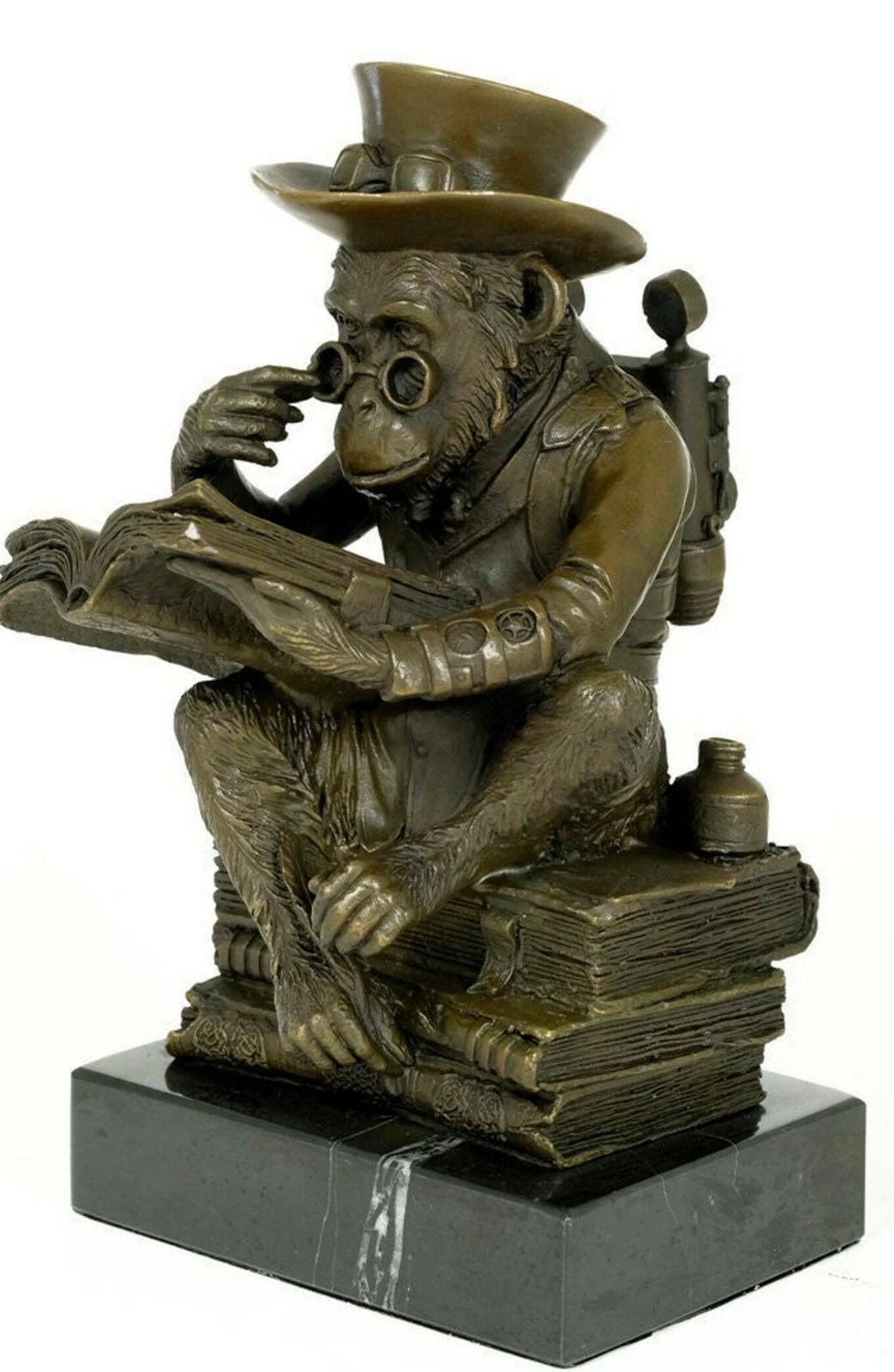Bronze Steampunk Sculpture Of A Monkey On A Pile Of Books Philosophizing Monkey Statue Bronze