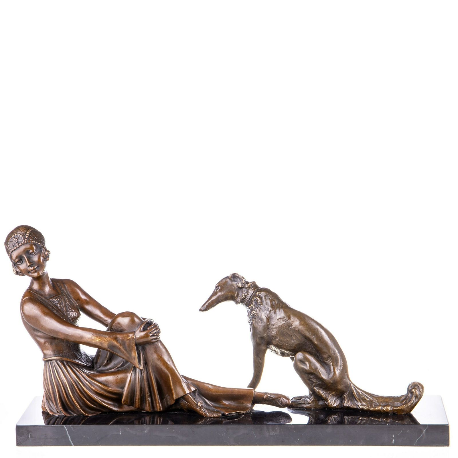 Art Deco Bronze Figure Sculpture Woman With Dog After D.H.Chiparus