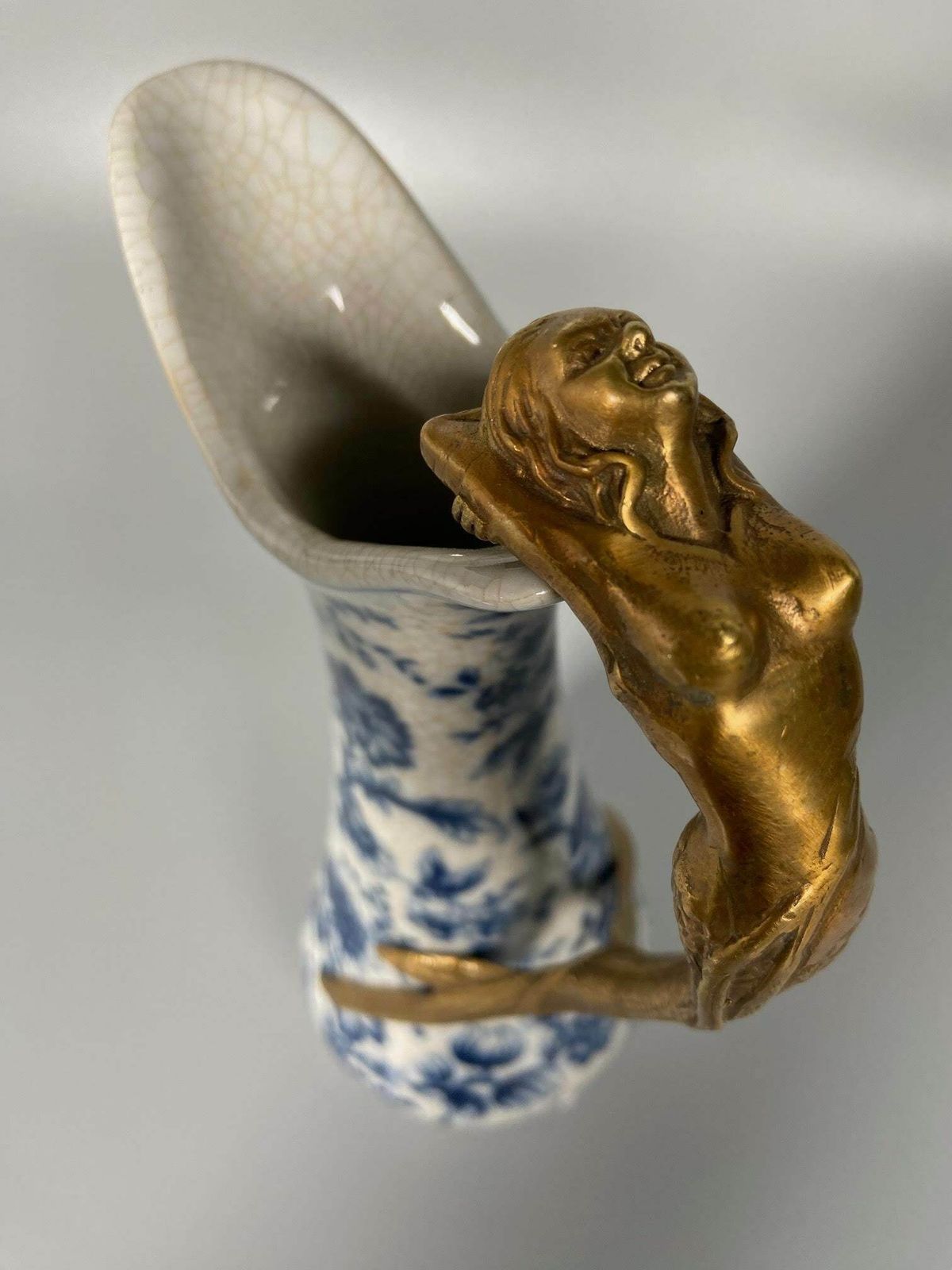 Porcelain Wine Jug With Bronze Handle, Ewer With Mermaid, Floral Ornaments, Art Nouveau Style, Blue And White, Home Decor, Gift Idea photo for sale