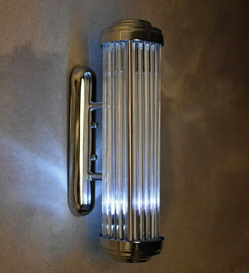 Chrom Wandlampe Mit Klassischen Glasstäbchen, Petitot, Kinoleuchte, Spiegelleuchte, Art Deco Sconce, Lampe Für Treppenhaus