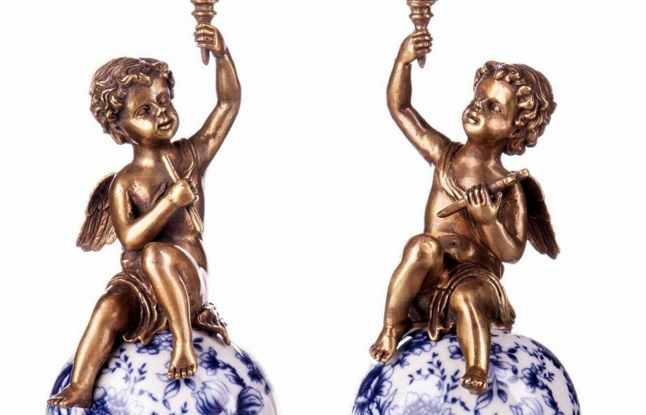Antique Style Bronze & Porcelain Candlesticks   Cherub Candleholder, Home Deco, Gift photo for sale