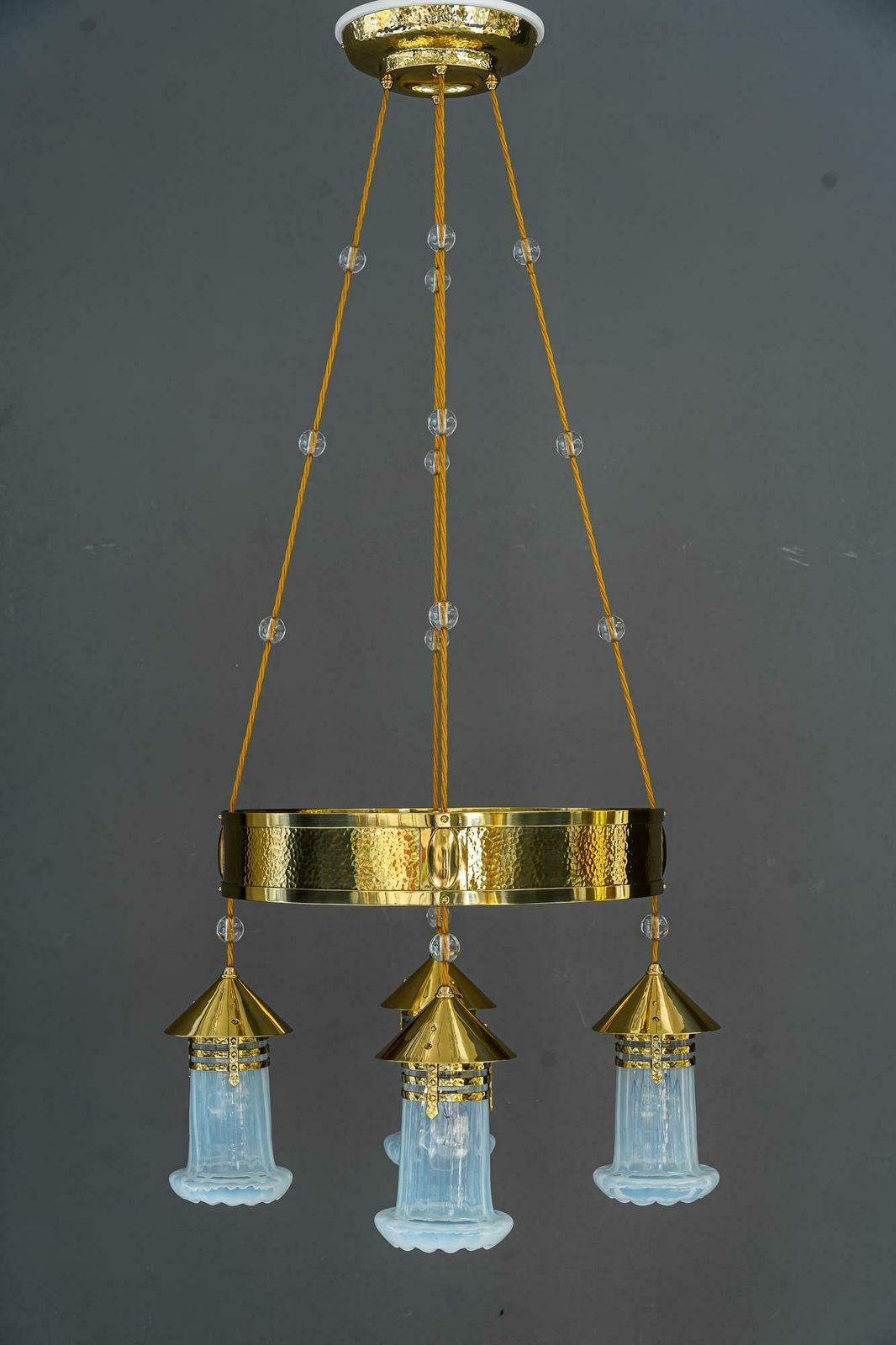 Hammered Art Deco Chandelier With Opaline Glass Shades, Vienna, Around 1920 photo for sale