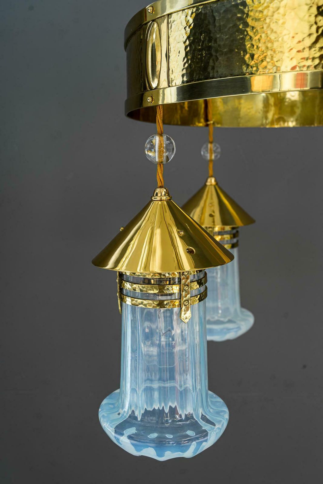 Hammered Art Deco Chandelier With Opaline Glass Shades, Vienna, Around 1920 photo 8323.0