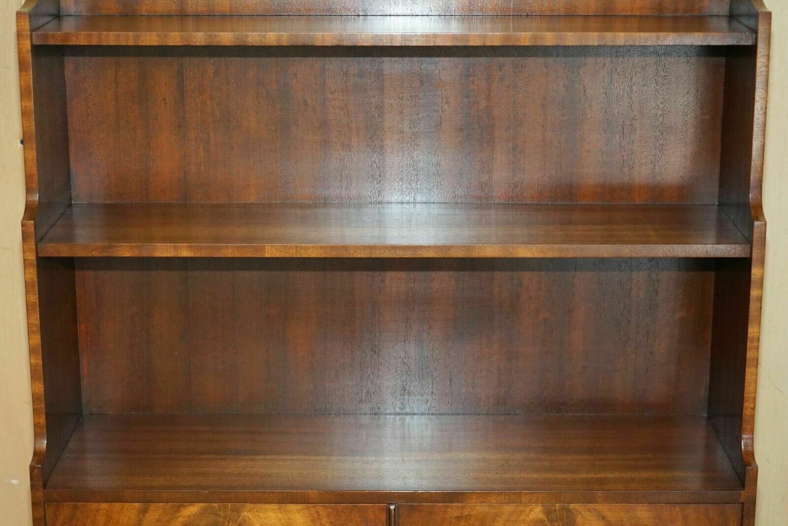 Stunning Pair Of Flamed Mahogany Dwarf Waterfall Open Library Bookcases Cupboard photo vintage