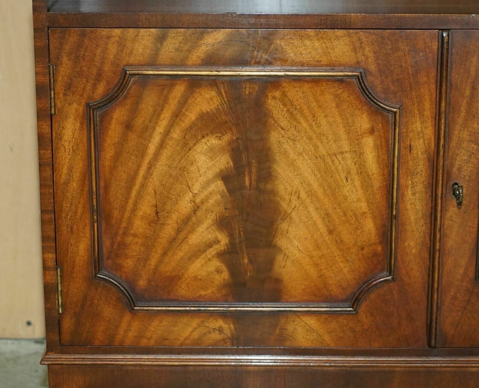 Furniture Stunning Pair Of Flamed Mahogany Dwarf Waterfall Open Library Bookcases Cupboard photo