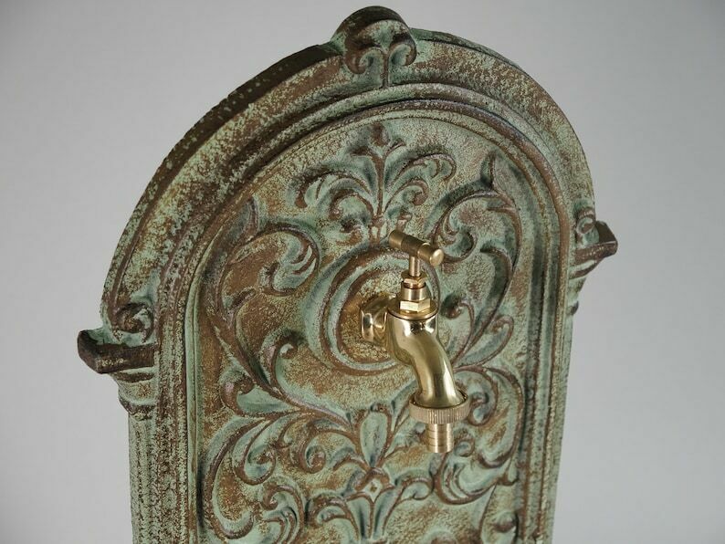 Antique Style Green Cast Iron Wall Fountain , Sink With Brass Faucet Tap, Fountain Metal Wall Sink, Patio & Wall Ornament Garden photo for sale