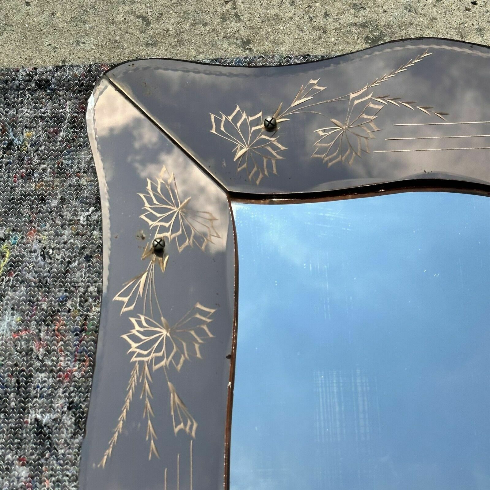 Lovely Antique 1930's Art Deco Peach Glass Bevelled Venetian Flower Petal Mirror photo buy