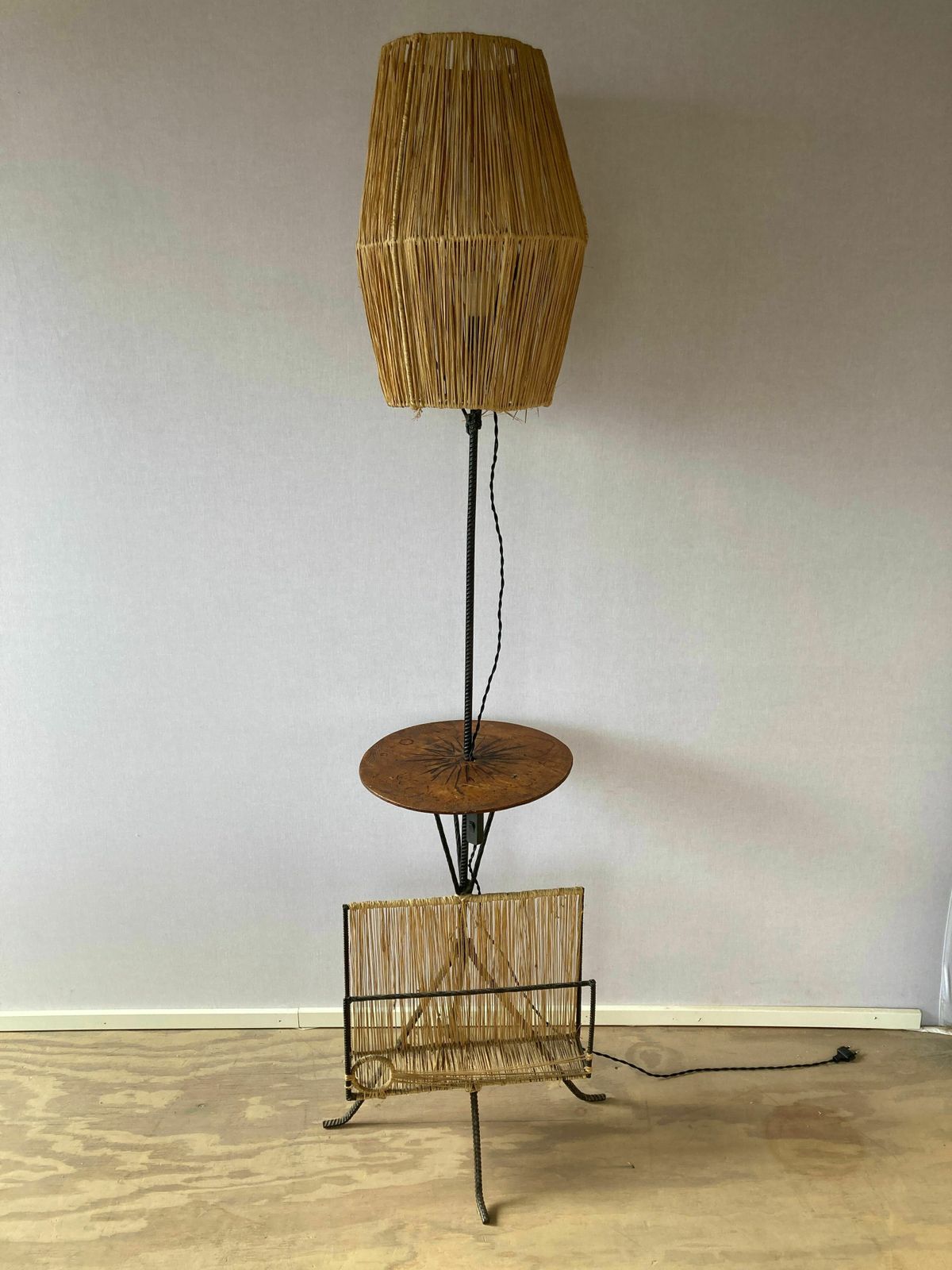Wrought Iron Floor Lamp With Magazine Holder And Sisal Shade, 1950s photo for sale