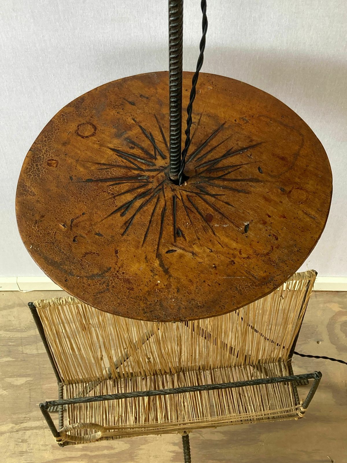 Wrought Iron Floor Lamp With Magazine Holder And Sisal Shade, 1950s photo Lighting