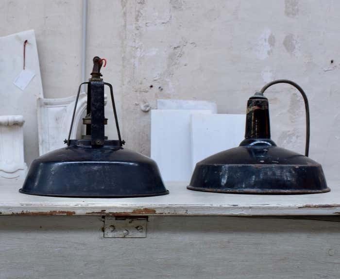 A Set Of Industrial Black Enamel Hanging Lamps Circa 1940s photo Lighting