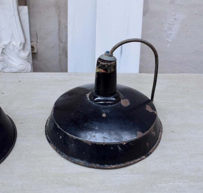A Set Of Industrial Black Enamel Hanging Lamps Circa 1940s photo vintage
