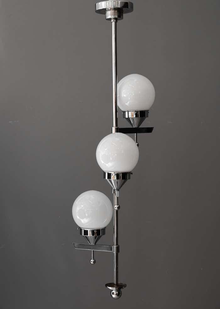 Art Deco Chromed Chandelier With Opal Glass Shades Around 1920s photo for sale