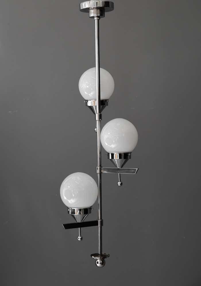 Art Deco Chromed Chandelier With Opal Glass Shades Around 1920s photo Lighting