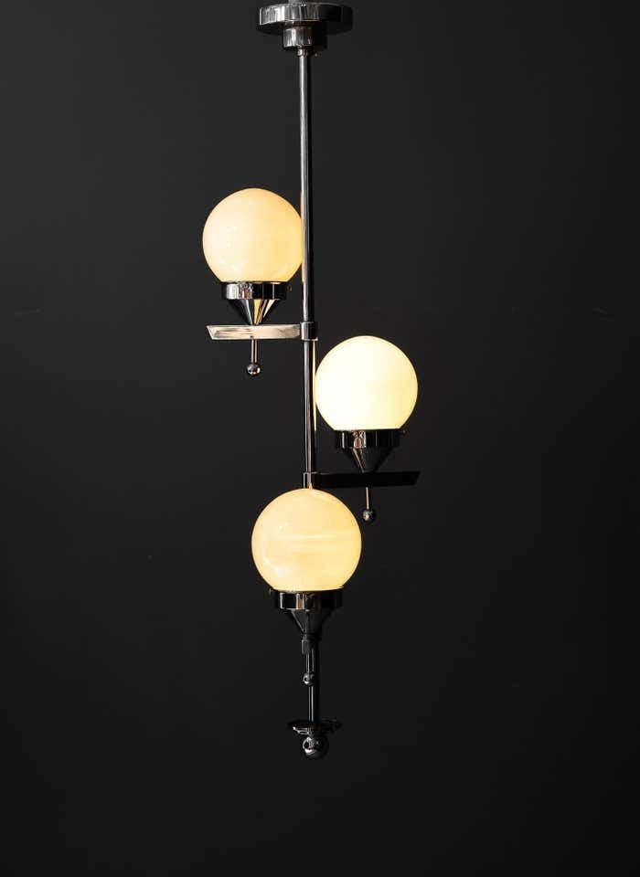 photo furniture Art Deco Chromed Chandelier With Opal Glass Shades Around 1920s