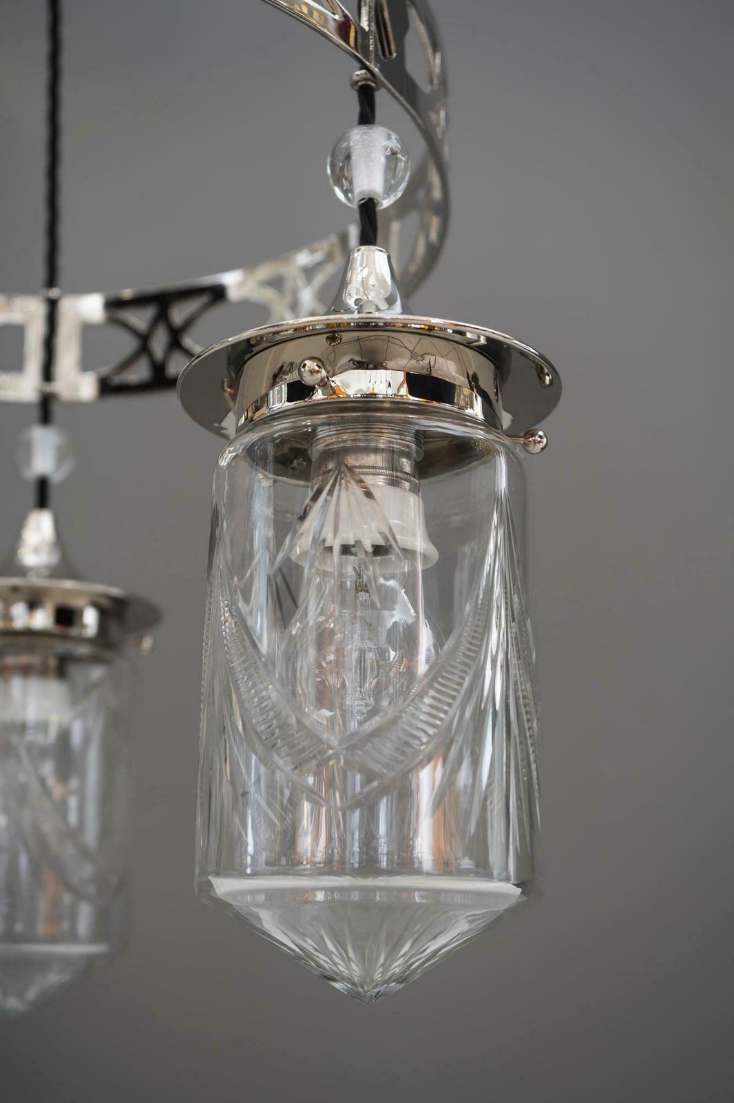 Nickel Plated Art Deco Chandelier With Original Cut Glasses, Circa 1920s photo vintage