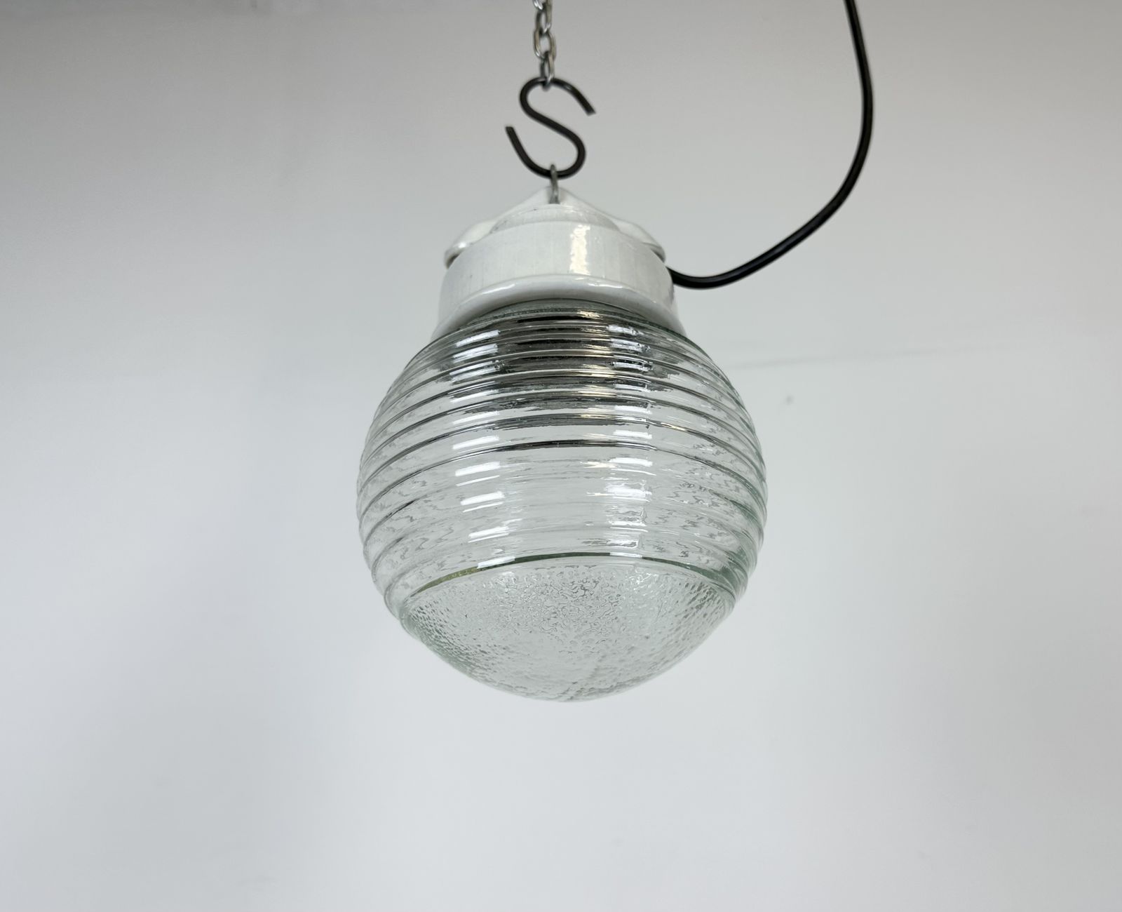 Vintage White Porcelain Pendant Light With Ribbed Glass, 1970s photo buy