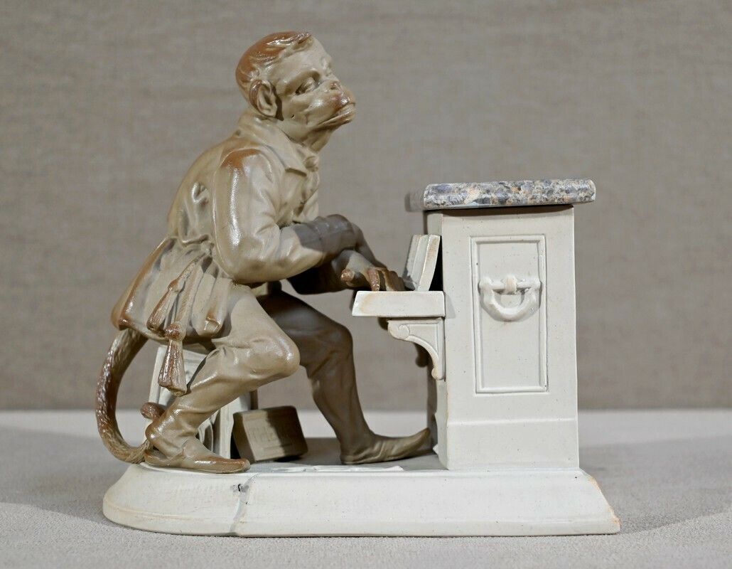 Biscuit And Sandstone Tobacco Jar Music Monkey Manufacture Sarreguemines  Late 19th Century