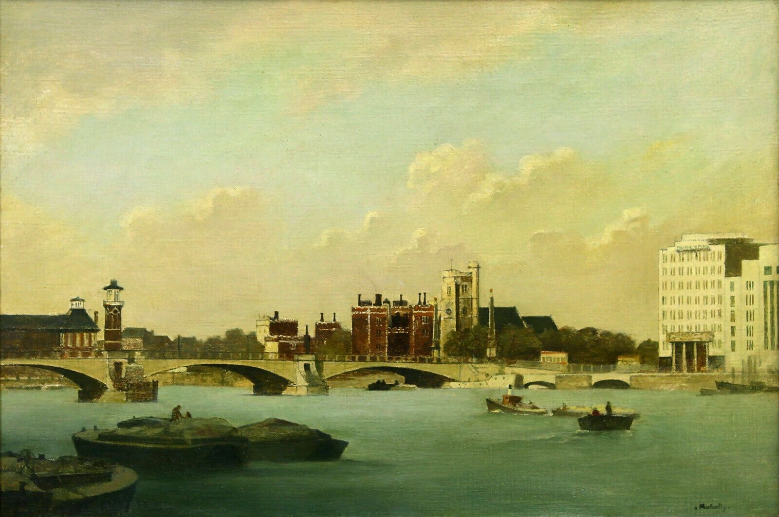 Oil On Canvas By Bertram Nicholls. Titled "View Of The Thames" photo furniture