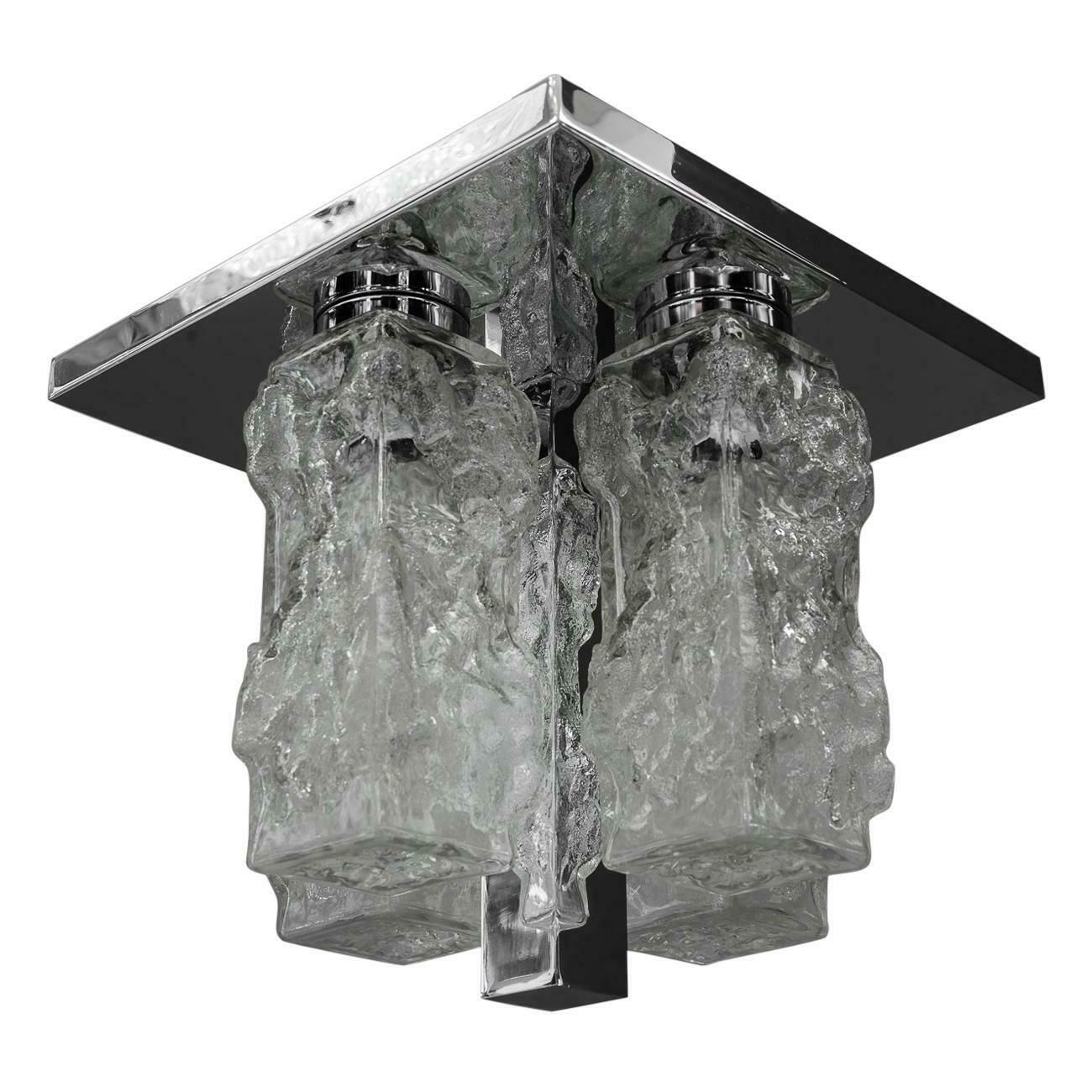 Petite Square Nickel Plated Ice Glass Flush Mount By Hillebrand, Germany, 1970s