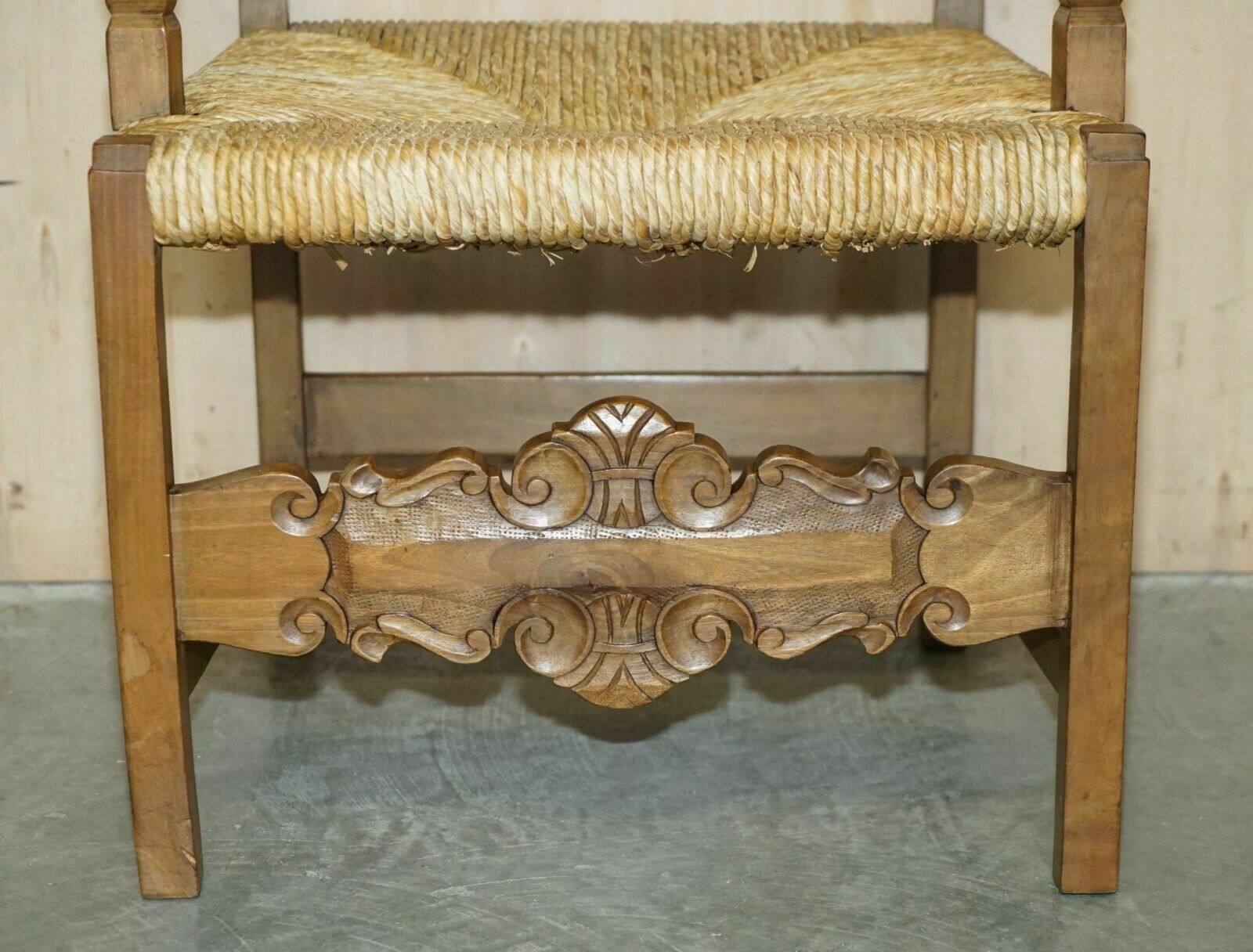 Eight Fine Walnut Circa 1900 Ornately Hand Carved Dutch Rush Seat Dining Chairs photo vintage