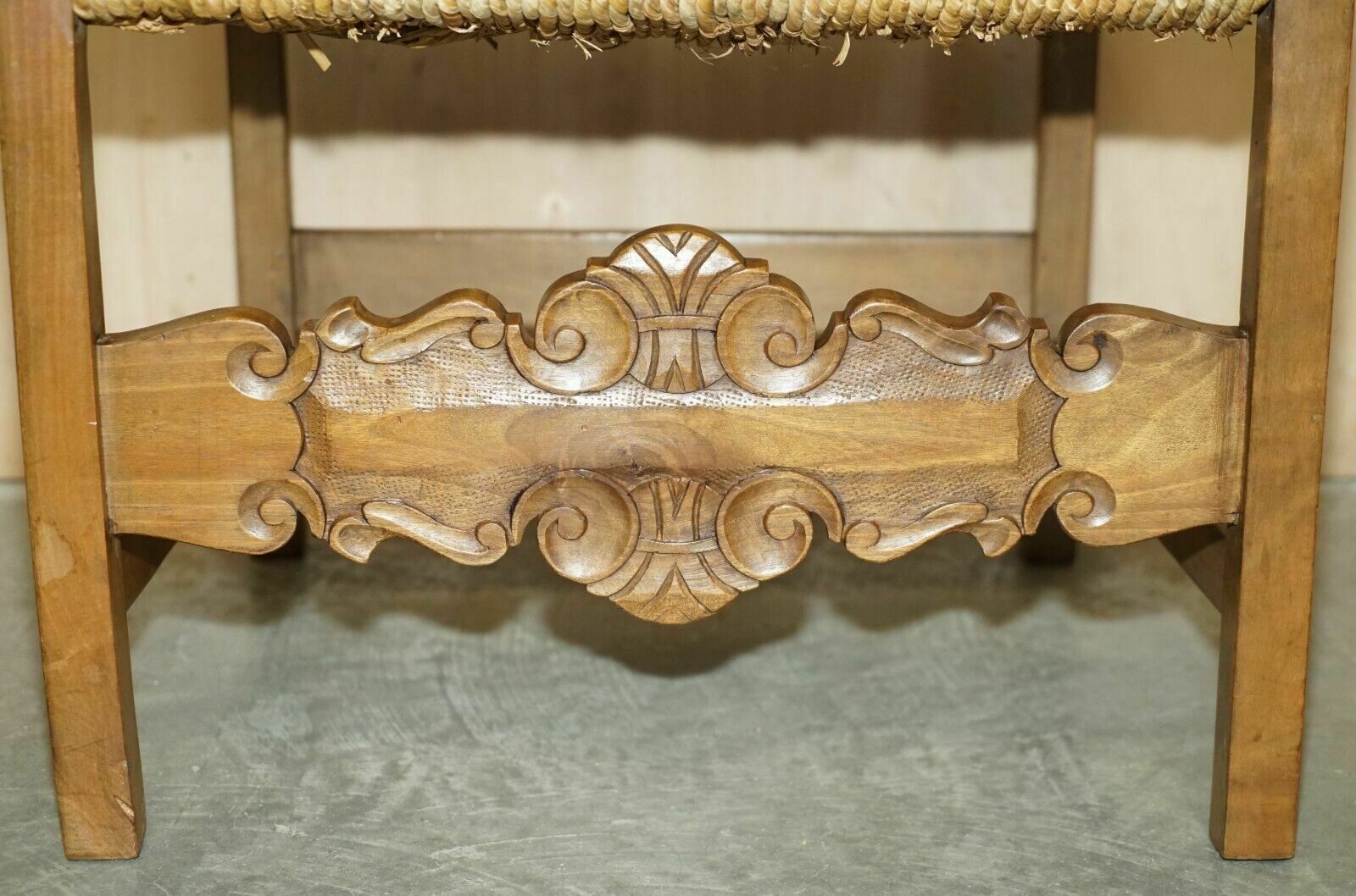 photo for sale Eight Fine Walnut Circa 1900 Ornately Hand Carved Dutch Rush Seat Dining Chairs