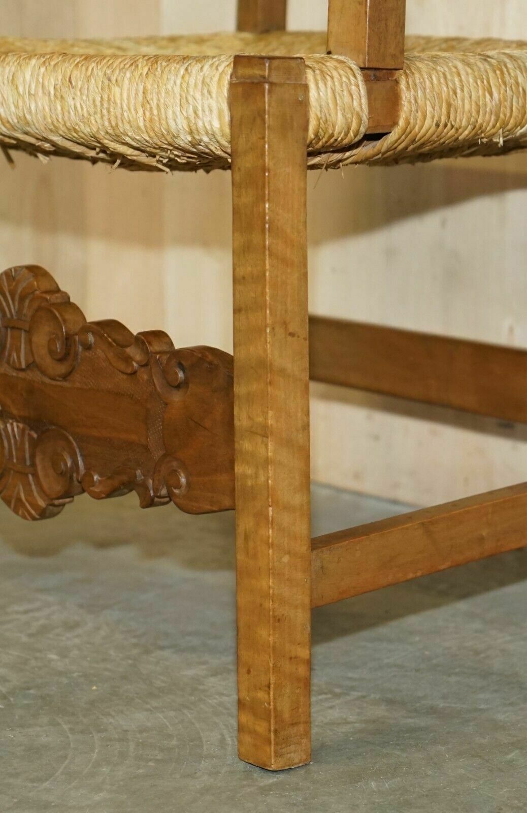 Furniture Eight Fine Walnut Circa 1900 Ornately Hand Carved Dutch Rush Seat Dining Chairs photo