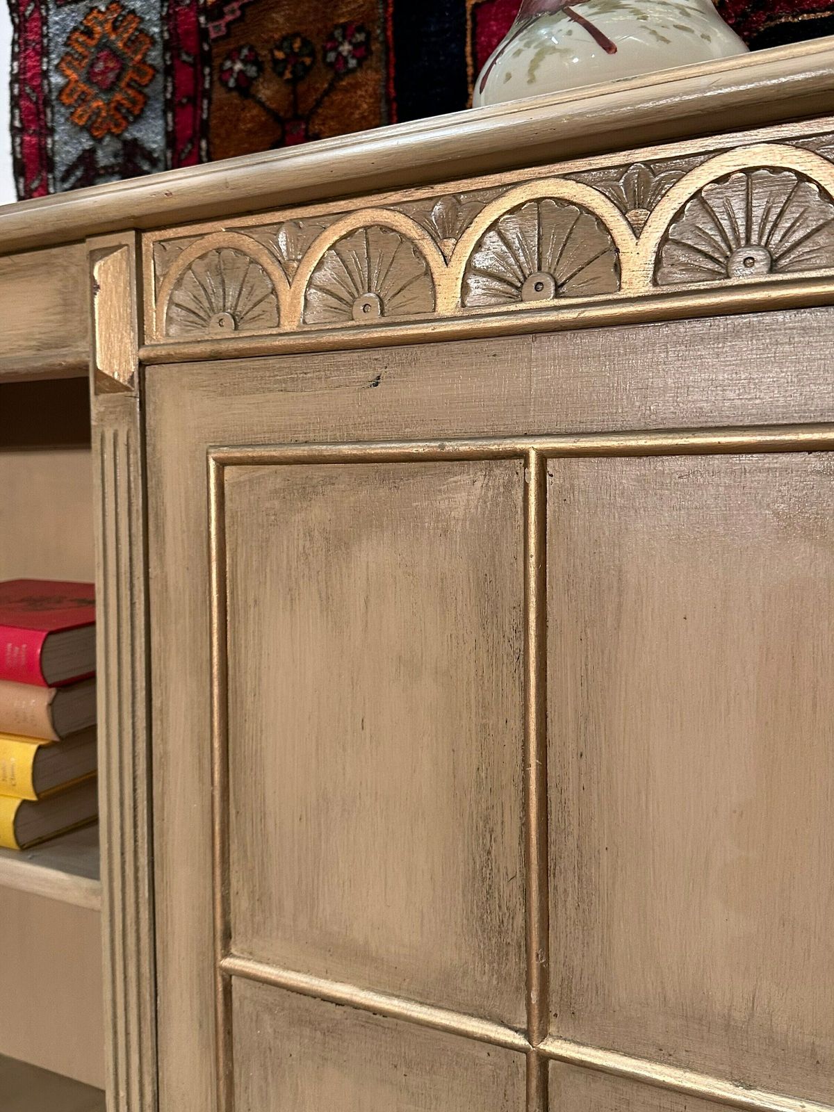 photo for sale 1950's Bookshelf W/ Central Cupboard Reeding And Gilded Details