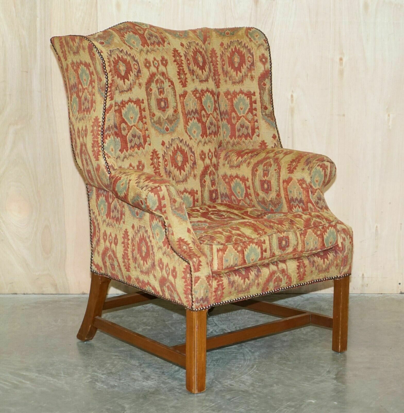 Pair Of Lovely George III Style Wingback Armchairs With Kilim Pattern Uphosltery photo furniture