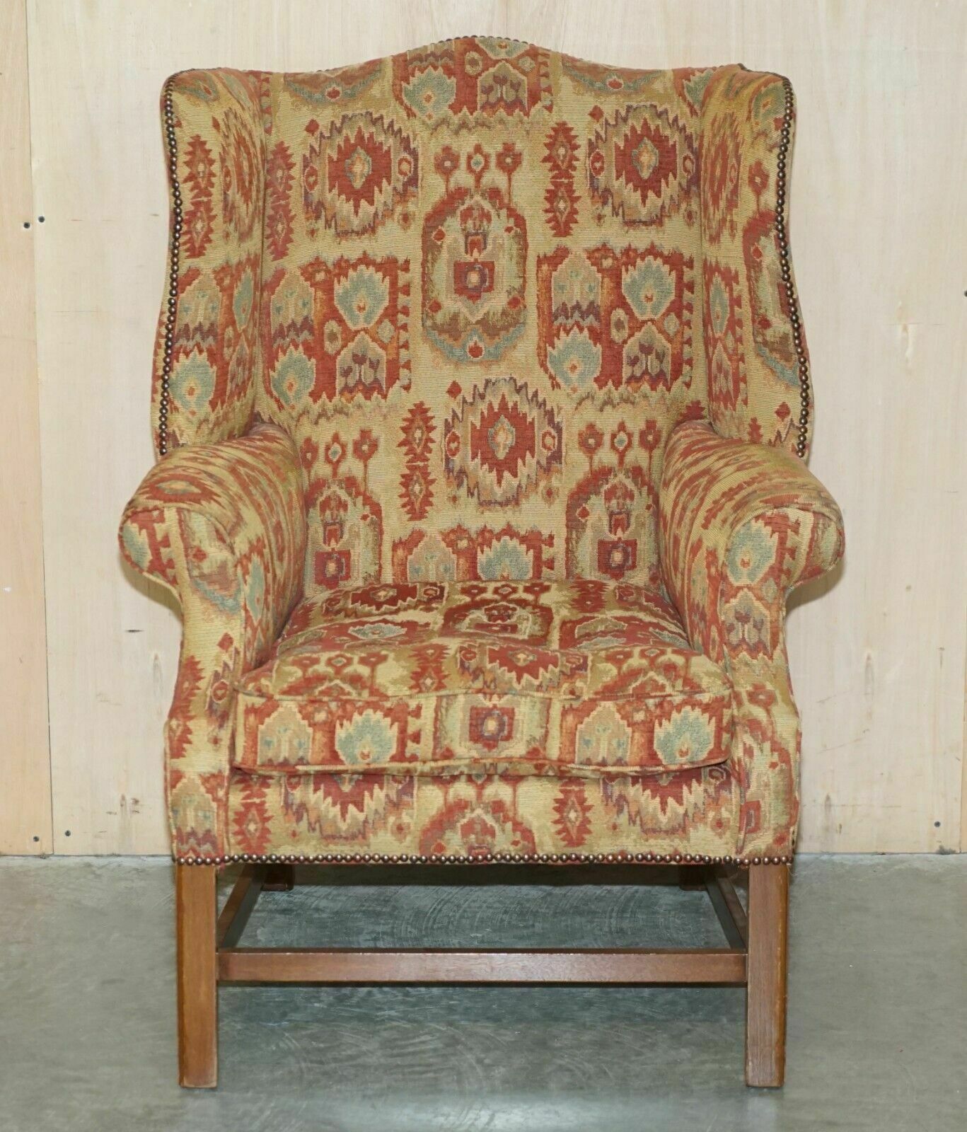 Pair Of Lovely George III Style Wingback Armchairs With Kilim Pattern Uphosltery photo for sale
