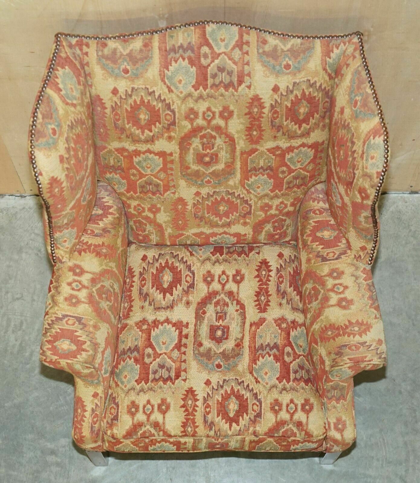 photo for sale Pair Of Lovely George III Style Wingback Armchairs With Kilim Pattern Uphosltery
