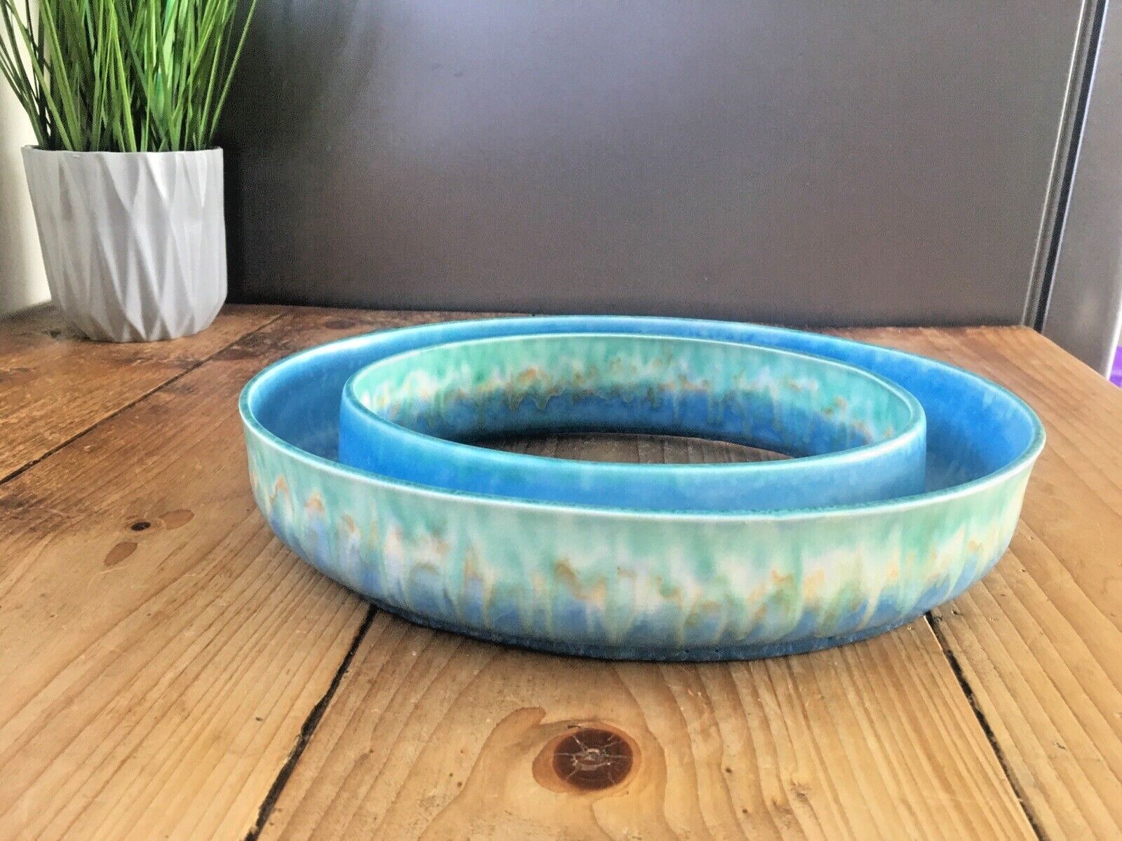 Superb Art Deco Blue Green Dripglaze Flower Posy Dish Flower Trough Ring Vase photo Home Decor