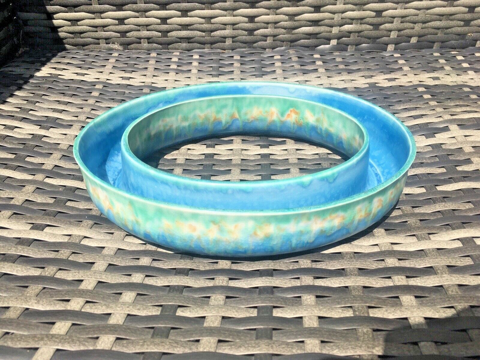 photo vinterior Superb Art Deco Blue Green Dripglaze Flower Posy Dish Flower Trough Ring Vase