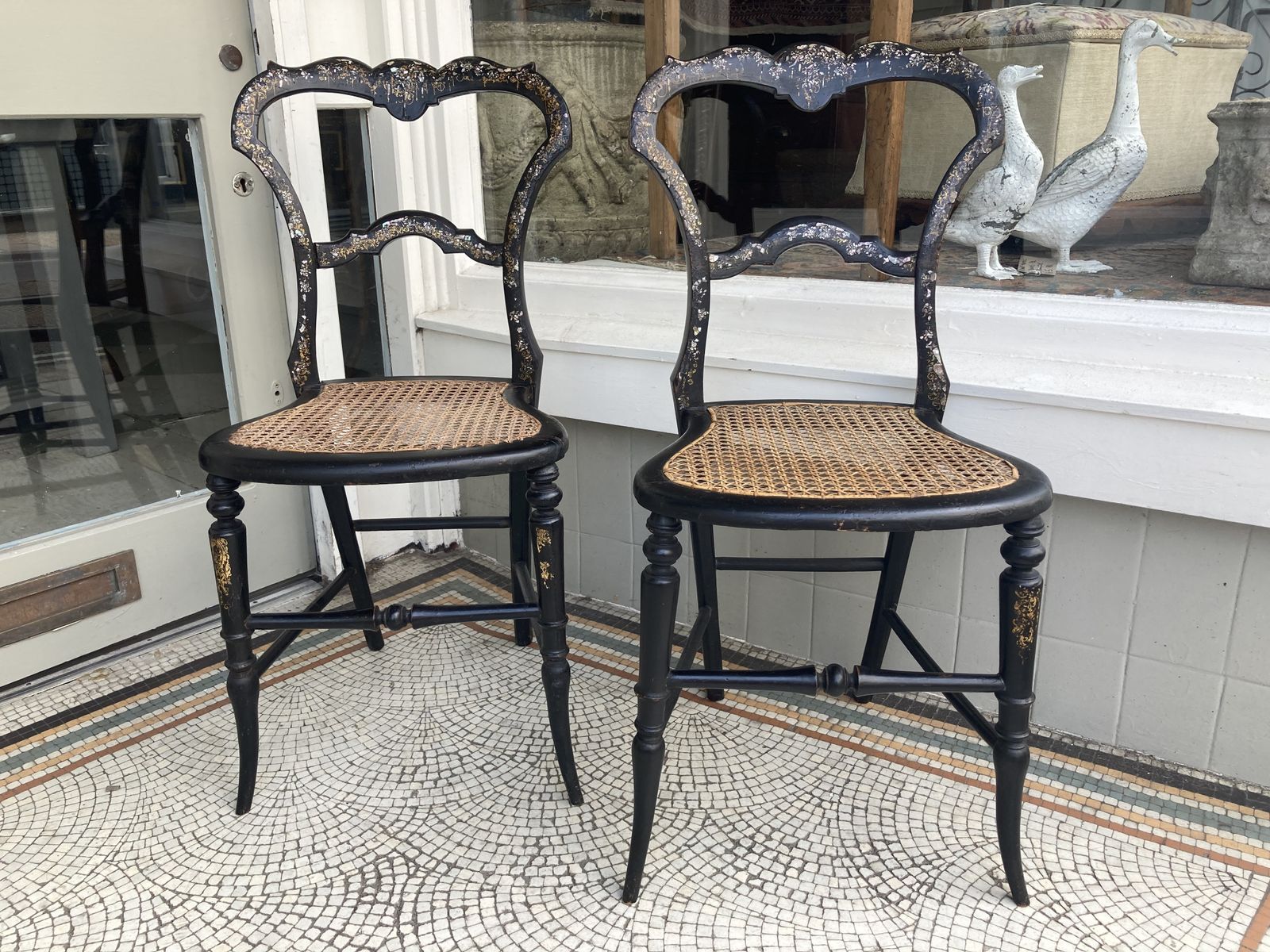 Pair Of Regency Bergere Occasional Chairs C1815 Ebonised With Gold Leaf & Mother Of Pearl Detail photo furniture