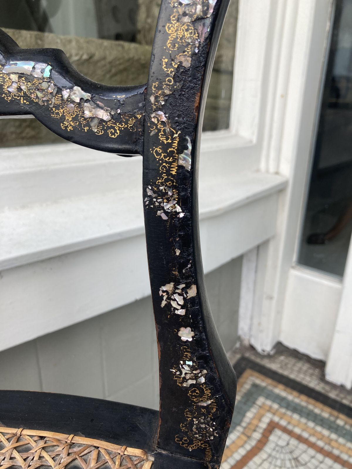 Pair Of Regency Bergere Occasional Chairs C1815 Ebonised With Gold Leaf & Mother Of Pearl Detail photo vinterior