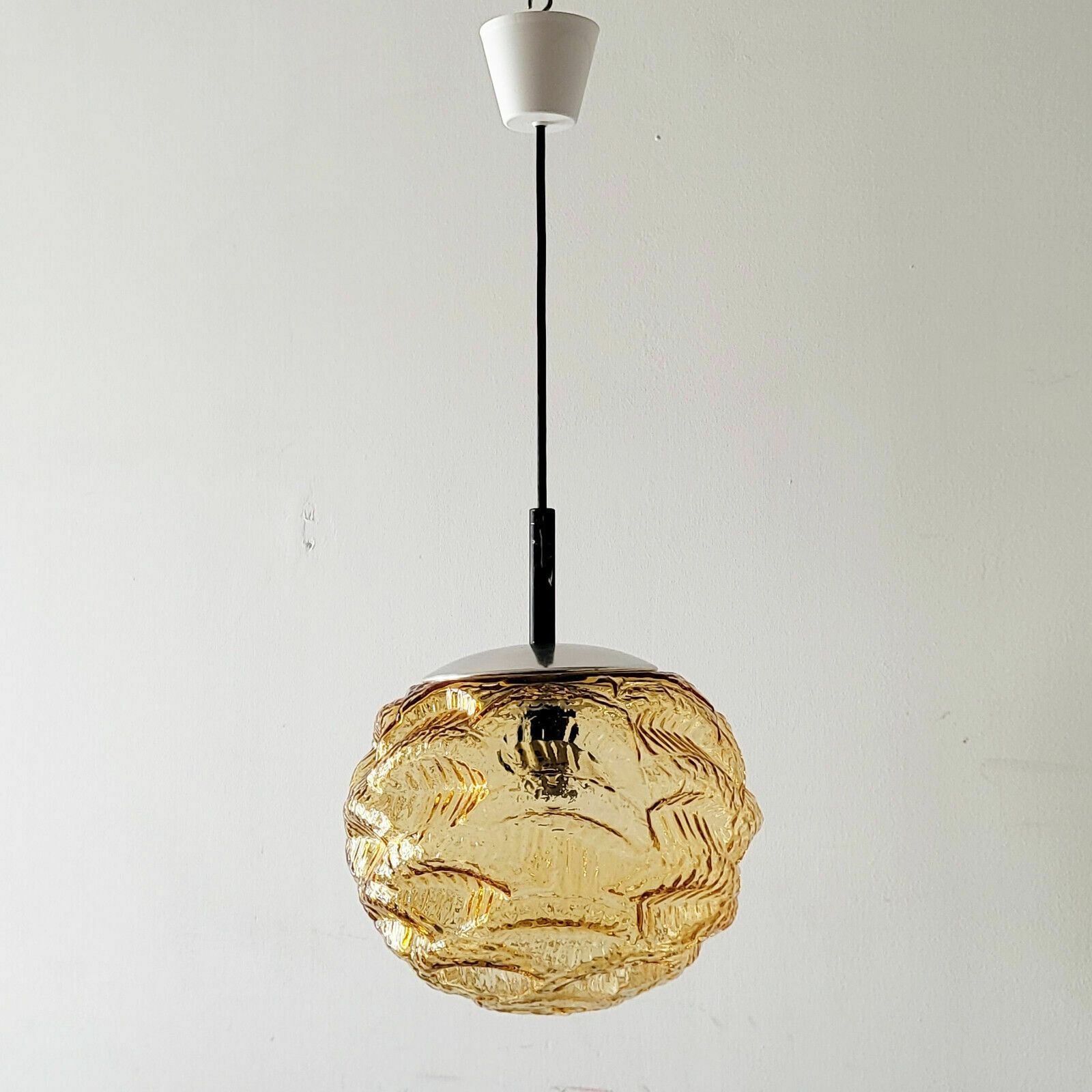 Vintage 1960 Erco Suspension Chandelier In Amber Glass & Steel 60s 1960s 60s photo furniture