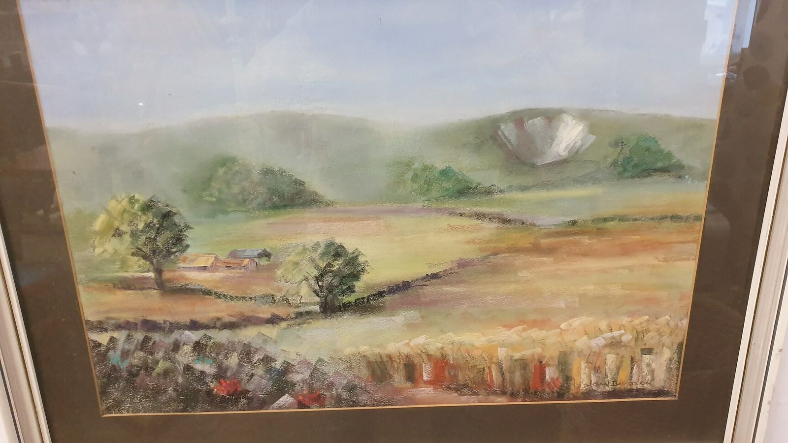 Large Retro Original Oil Pastel Painting Countryside Landscape In Glazed Wooden Frame photo furniture