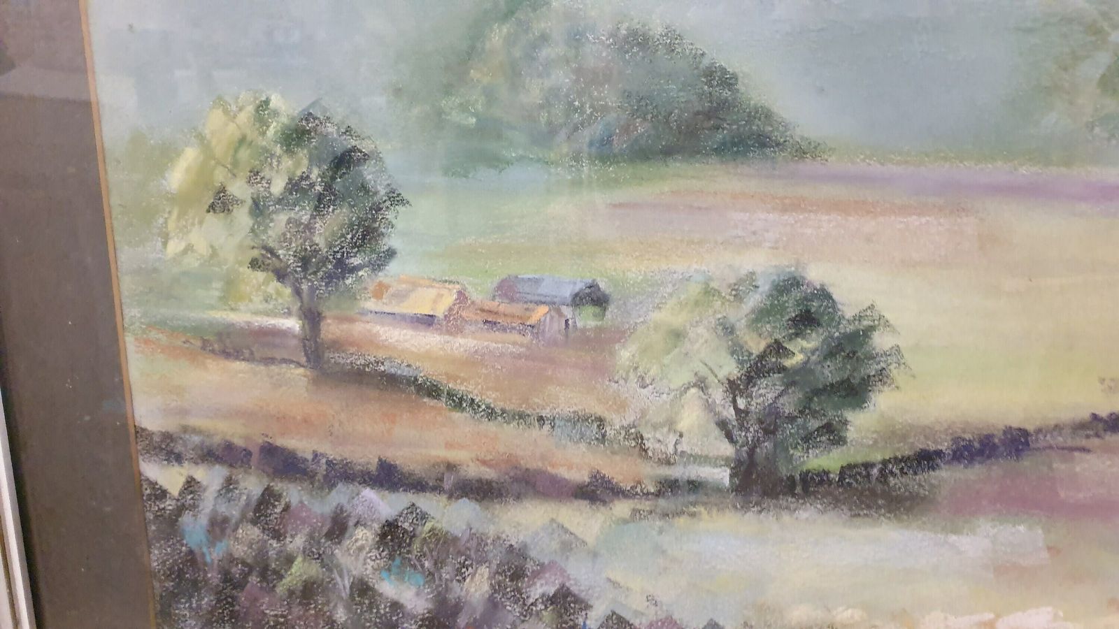 Large Retro Original Oil Pastel Painting Countryside Landscape In Glazed Wooden Frame photo buy