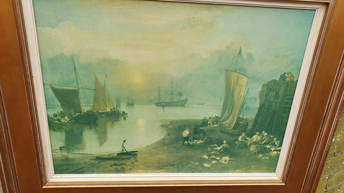 Large Quality 19th Century Harbour Scene Colour Art Print British Coast Nautical Landscape Gold Wood Frame Gilt photo buy