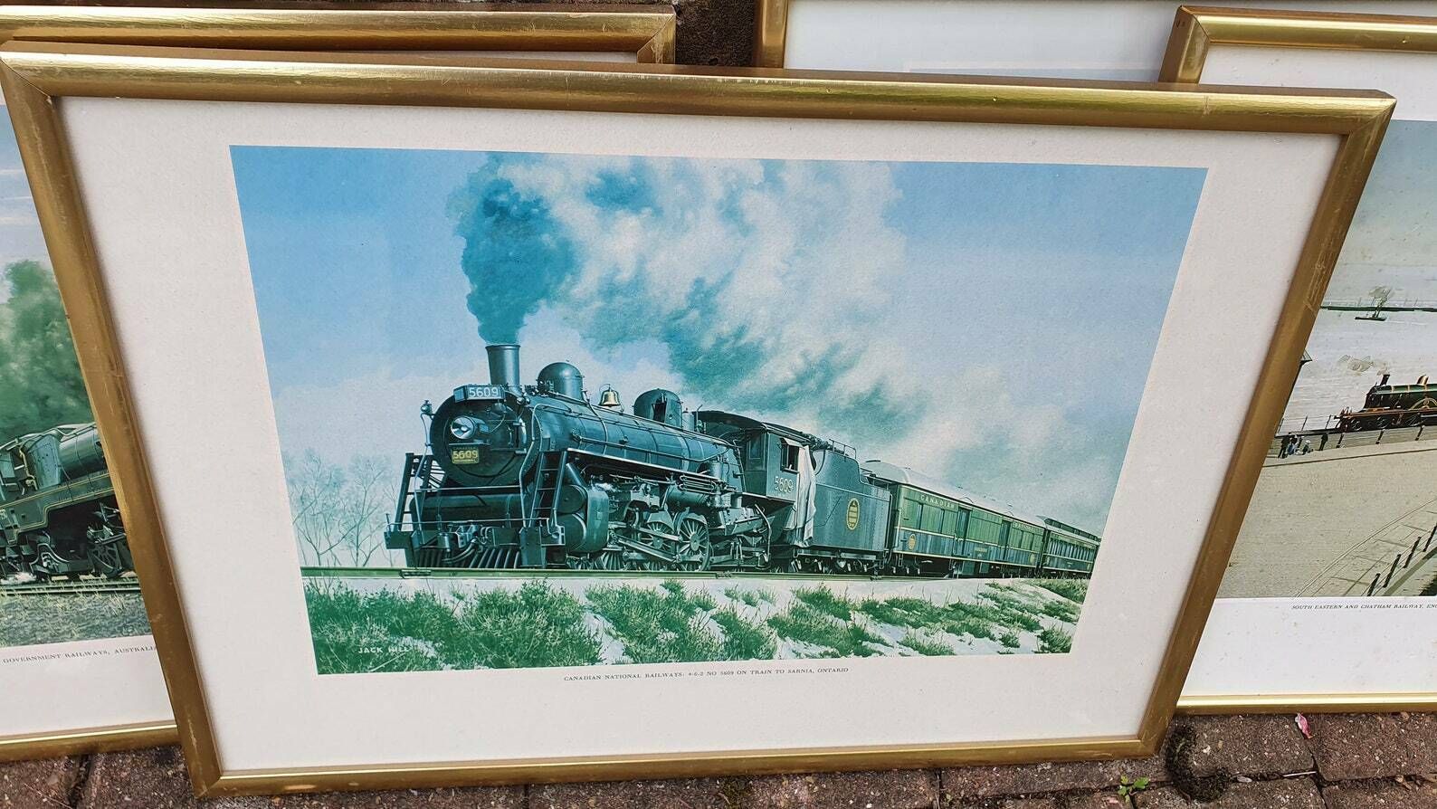 Set Of 8 Jack Hill Large Steam Engine Railway Prints International Railways, Including S And E Africa French Canada Australia Uk Belgium photo vintage