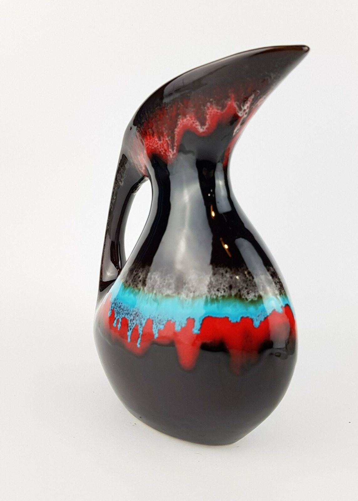 Vintage Vallauris Brown With Red And Blue Drip Glaze Jug Vase From France 1960s photo for sale