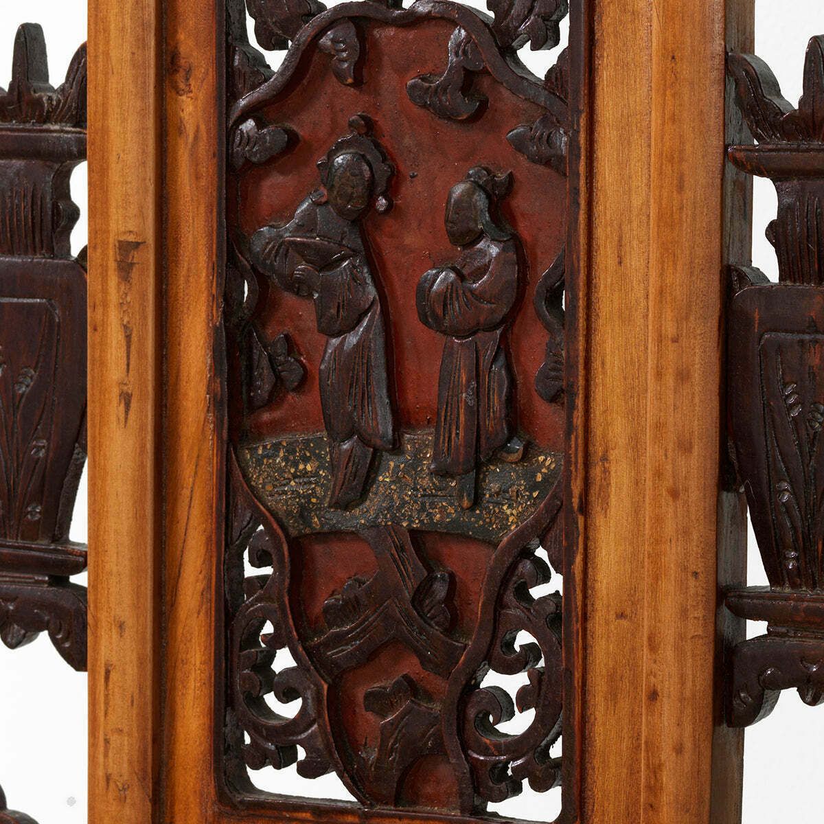 Pair Of Antique Carved Window Panels, Natural And Red photo for sale
