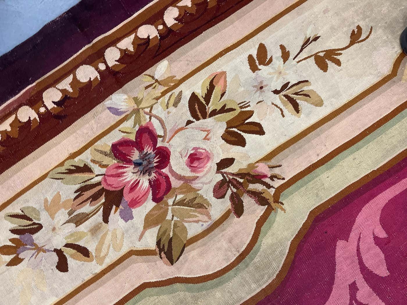 Antique Carpet Burgundy Beige Aubusson Rug, Extra Large Wool Tapestry Rug photo furniture